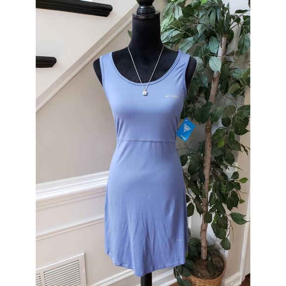 Columbia Knee Length Dress Women Medium Blue Solid Omni-Shade Stretch Round Neck - Picture 1 of 15